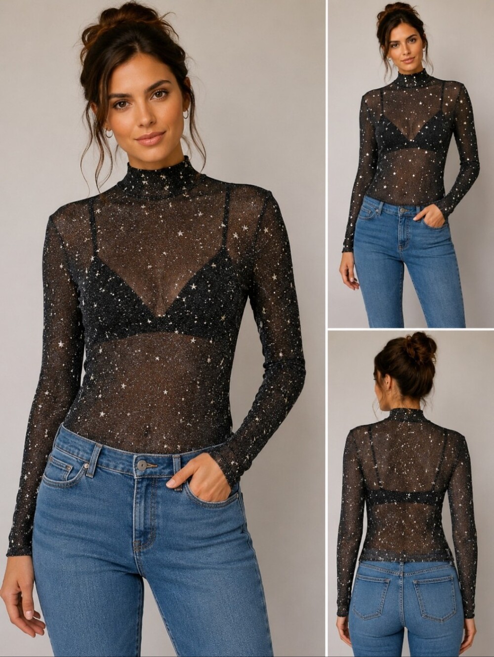 NWT MANGOPOP Sheer Star Print Mock Neck Mesh Top | Long Sleeve